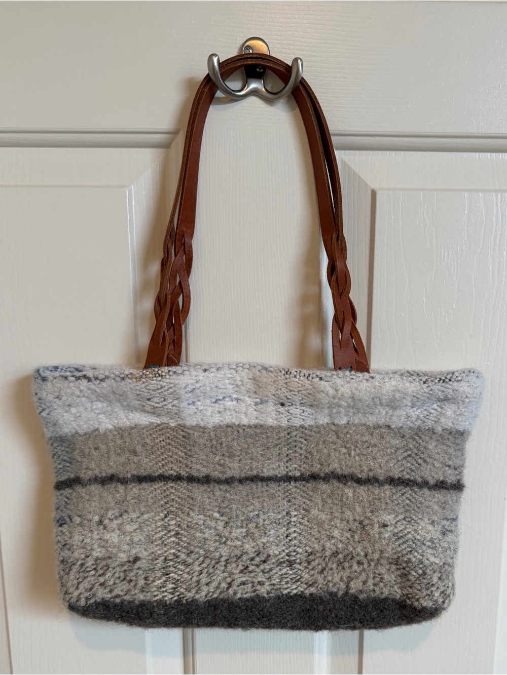 Unique purse! Woven wool w/braided leather straps. EUC, like new! 9x13 in.